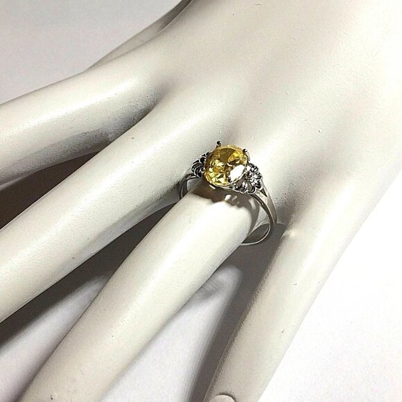 Sterling Silver Fleur de Lis Solitaire Ring Size 7 Canary Yellow Cubic Zirconia - Picture 3 of 10